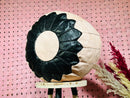 Handmade Peach and Black Moroccan Leather Pouf - Round Ottoman, Black Floral Decor, Moroccan Floor Cushion for Home & Living