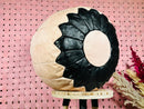 Handmade Peach and Black Moroccan Leather Pouf - Round Ottoman, Black Floral Decor, Moroccan Floor Cushion for Home & Living