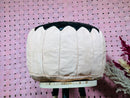 Handmade Peach and Black Moroccan Leather Pouf - Round Ottoman, Black Floral Decor, Moroccan Floor Cushion for Home & Living