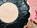 Handmade Peach and Black Moroccan Leather Pouf - Round Ottoman, Black Floral Decor, Moroccan Floor Cushion for Home & Living