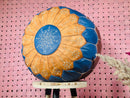 Handcrafted Moroccan Round Leather Pouf - Blue and Tan Ottoman Footstool, Perfect for Living Room Decor, 20 Inches Round Floor Pouffe