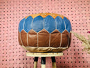 Handcrafted Moroccan Round Leather Pouf - Blue and Tan Ottoman Footstool, Perfect for Living Room Decor, 20 Inches Round Floor Pouffe