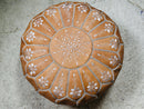 Handmade Moroccan Round Leather Pouf – Genuine Brown Leather, Artisan Decor for Living Room "20 x 20 x14" inches