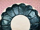 Handmade Peach and Black Moroccan Leather Pouf - Round Ottoman, Black Floral Decor, Moroccan Floor Cushion for Home & Living