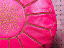 Handmade Pink Moroccan Leather Pouf - Round Footstool Ottoman, Pink Pouffe, Leather Moroccan Pouffe for Home Decor - Poufs by 100kends