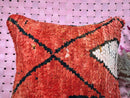 Handmade Red Wool Moroccan Pillow – 18x20 Decorative Kilim Throw, Berber-Style Geometric Cushion, Red Boho Shaggy Pillow
