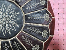 Handmade Moroccan Leather Pouf Ottoman - Round Footstool, Floor Cushion, Boho Living Room Decor - Dark Brown and Cream Stitching