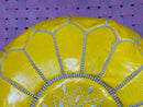 Vibrant Yellow Moroccan Leather Pouf – Handmade Bohemian Footstool, Perfect for Home Decor Accent