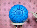 Handcrafted Moroccan Leather Pouf with Intricate White Embroidered Floral Design – Blue leather pouf, "20 x 20 x14" Inches