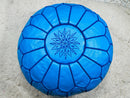 Handcrafted Moroccan Leather Pouf with Intricate White Embroidered Floral Design – Blue leather pouf, "20 x 20 x14" Inches