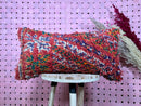 Handmade Moroccan Wool Pillow Cover, 17x28 Inches, Red & Multicolor Kilim Design, Farmhouse Lumber Bolster Pillow for Armchair and Bedding