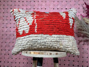 Handmade Moroccan Wool Pillow, White and Red Berber Cushion, Soft 21x14 Floor Cushion, Wool Ottoman Pillow for Living Room
