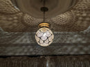 Handmade Moroccan round brass pendant with scallop-cut filigree design. Perfect boho light fixture for dreamy shadows and elegant any decor