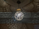 Handmade Moroccan round brass pendant with scallop-cut filigree design. Perfect boho light fixture for dreamy shadows and elegant any decor