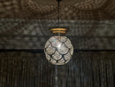 Handmade Moroccan round brass pendant with scallop-cut filigree design. Perfect boho light fixture for dreamy shadows and elegant any decor