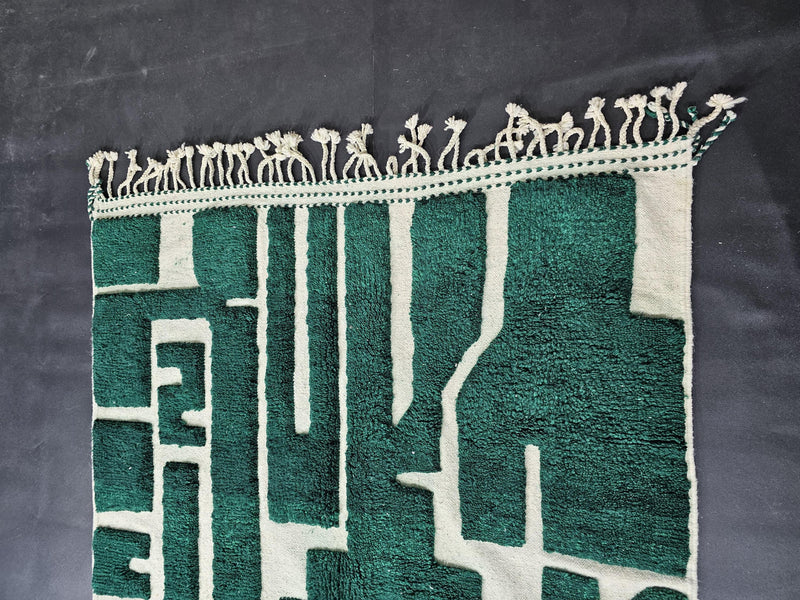 moroccan mrirt rug, green wool rug, abstract moroccan rug, handmade moroccan rug, ivory and green rug, luxury wool rug, berber style rug, modern moroccan rug, geometric wool rug, high pile moroccan rug, artisanal wool rug, hand knotted rug, deep green rug