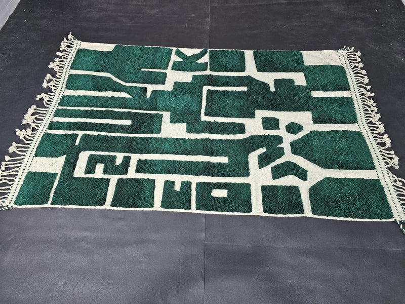 moroccan mrirt rug, green wool rug, abstract moroccan rug, handmade moroccan rug, ivory and green rug, luxury wool rug, berber style rug, modern moroccan rug, geometric wool rug, high pile moroccan rug, artisanal wool rug, hand knotted rug, deep green rug