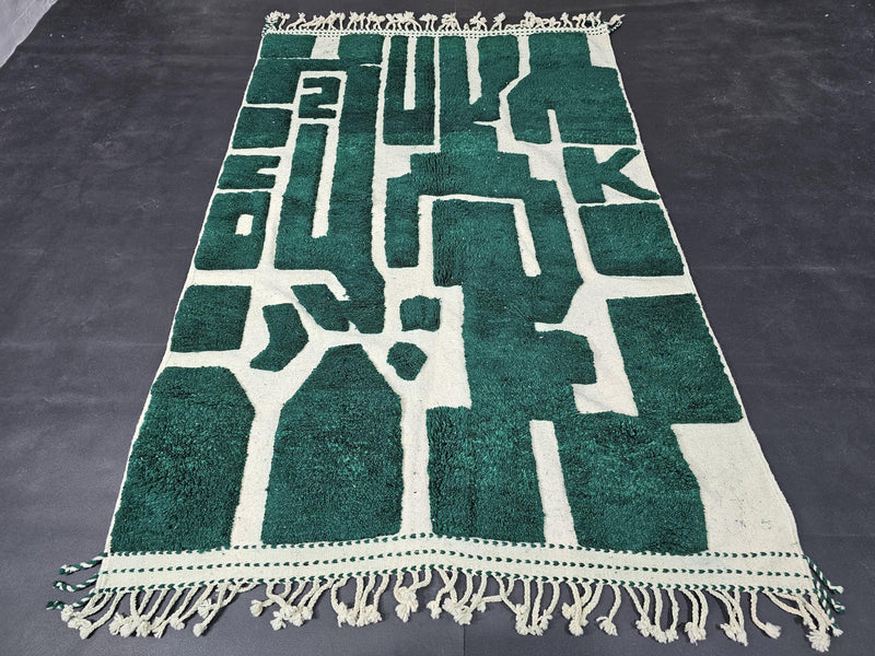 moroccan mrirt rug, green wool rug, abstract moroccan rug, handmade moroccan rug, ivory and green rug, luxury wool rug, berber style rug, modern moroccan rug, geometric wool rug, high pile moroccan rug, artisanal wool rug, hand knotted rug, deep green rug