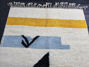 Custom Moroccan Mrirt Rug - Abstract Bird Wool Rug, Blue White Sky Pattern, Yellow Stripe, Handmade Modern Minimal Wool Rug by 100kends
