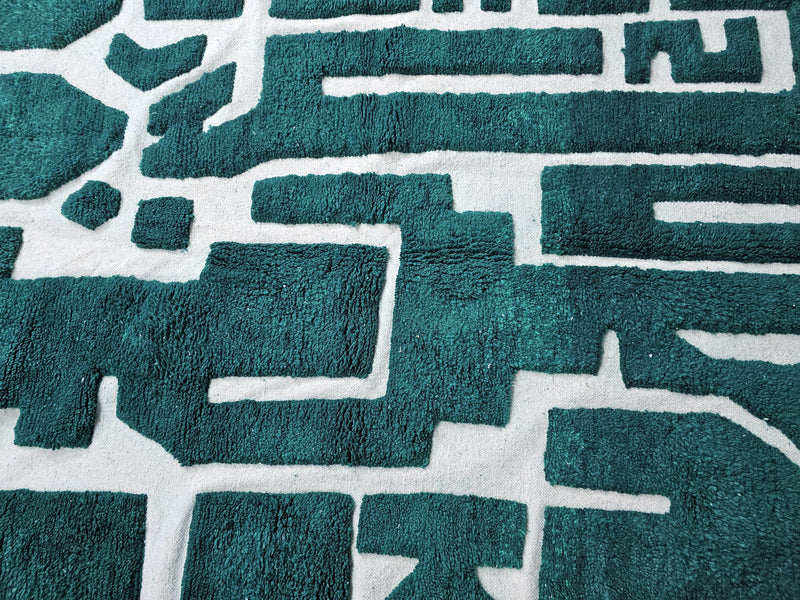 moroccan mrirt rug, green wool rug, abstract moroccan rug, handmade moroccan rug, ivory and green rug, luxury wool rug, berber style rug, modern moroccan rug, geometric wool rug, high pile moroccan rug, artisanal wool rug, hand knotted rug, deep green rug