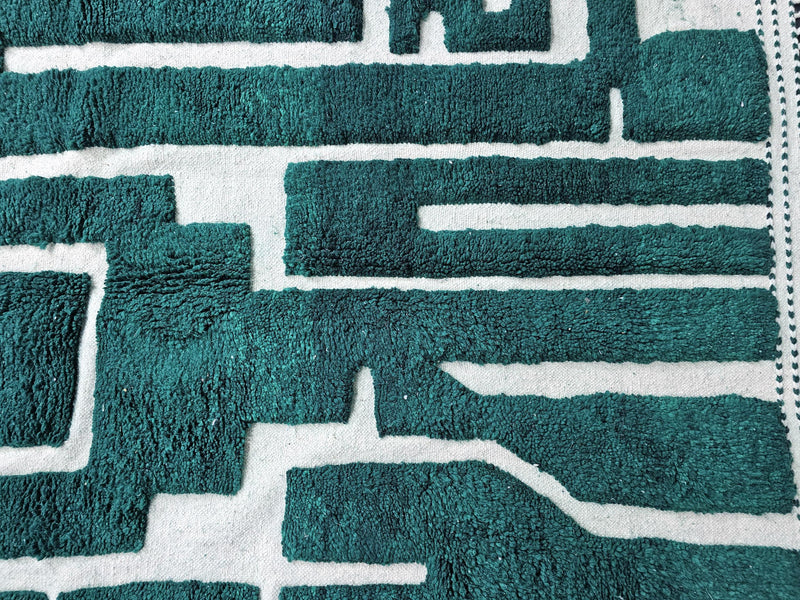 moroccan mrirt rug, green wool rug, abstract moroccan rug, handmade moroccan rug, ivory and green rug, luxury wool rug, berber style rug, modern moroccan rug, geometric wool rug, high pile moroccan rug, artisanal wool rug, hand knotted rug, deep green rug