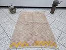 Handmade Moroccan Wool Checkered Rug – Beige, Pink & Yellow Funky Checkerboard Design | Custom Beni Ourain Area Rug | 100kends