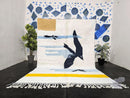 Custom Moroccan Mrirt Rug - Abstract Bird Wool Rug, Blue White Sky Pattern, Yellow Stripe, Handmade Modern Minimal Wool Rug by 100kends