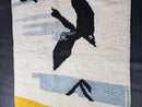 Custom Moroccan Mrirt Rug - Abstract Bird Wool Rug, Blue White Sky Pattern, Yellow Stripe, Handmade Modern Minimal Wool Rug by 100kends