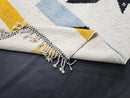Custom Moroccan Mrirt Rug - Abstract Bird Wool Rug, Blue White Sky Pattern, Yellow Stripe, Handmade Modern Minimal Wool Rug by 100kends