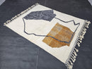 Custom Moroccan Mrirt Rug – Blue Abstract Wool Rug with Orange Accent, Handwoven Modern Art Rug with Fringes – Soft Geometric Carpet
