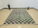 Custom Checkered Moroccan Wool Rug – Handmade Berber Wool Carpet – Modern Green & Purple Checkerboard Area Rug – Large Oushak Rug